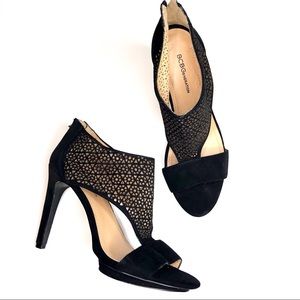 BCBGeneration black leather open toe stilettos